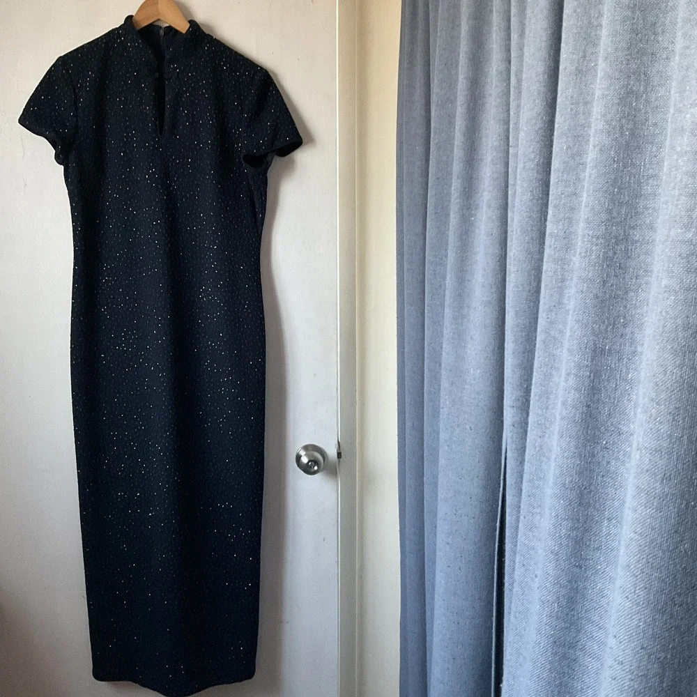 David Warren Vintage Keyhole Prom Dress‎ Sparkly Glitter Navy Blue Sz 12 90s Y2K